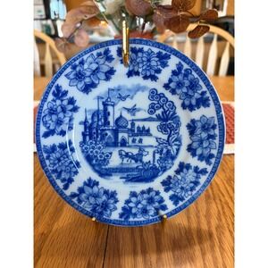 Vintage TA Japan Blue White Transferware Scenic Castle Floral Plate 6.25 inch